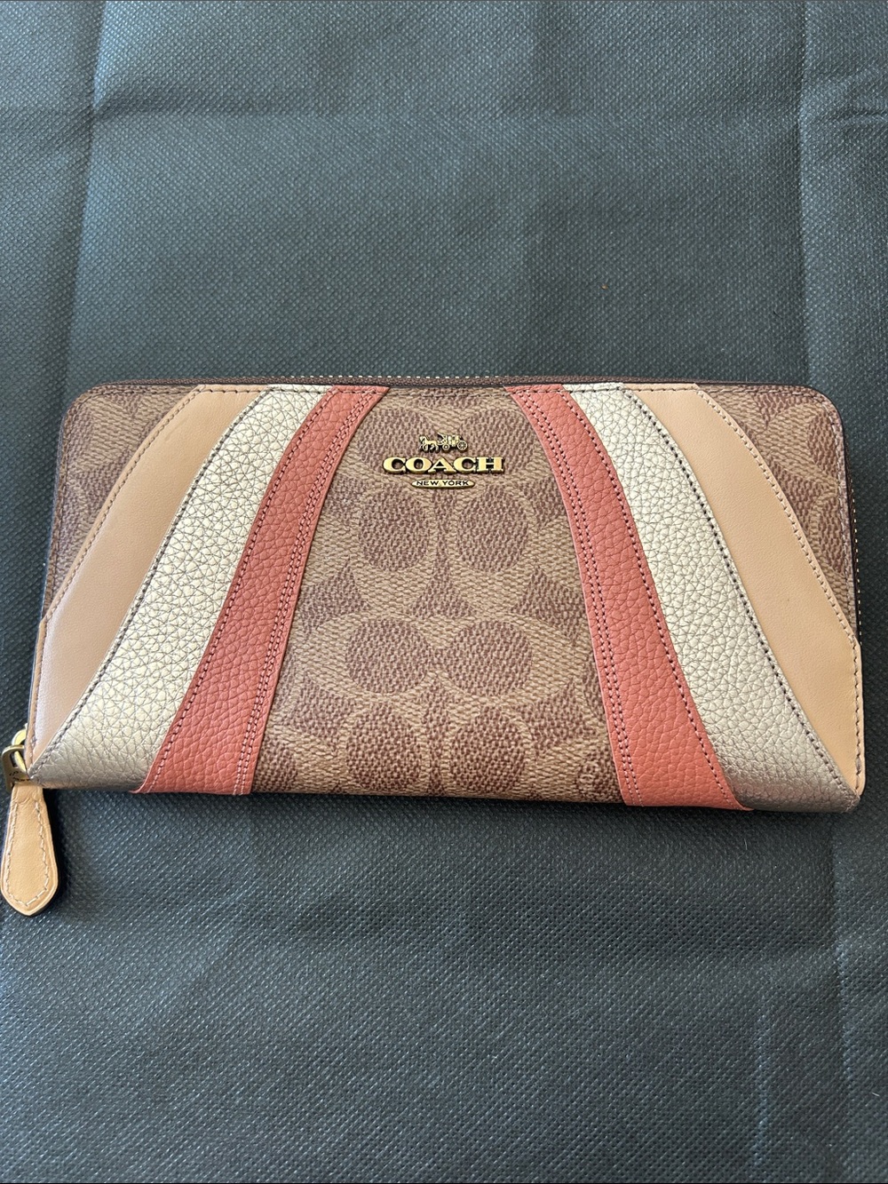 Coach Signature Zip Wallet in Brown with Tan, Cream & Rose Accents